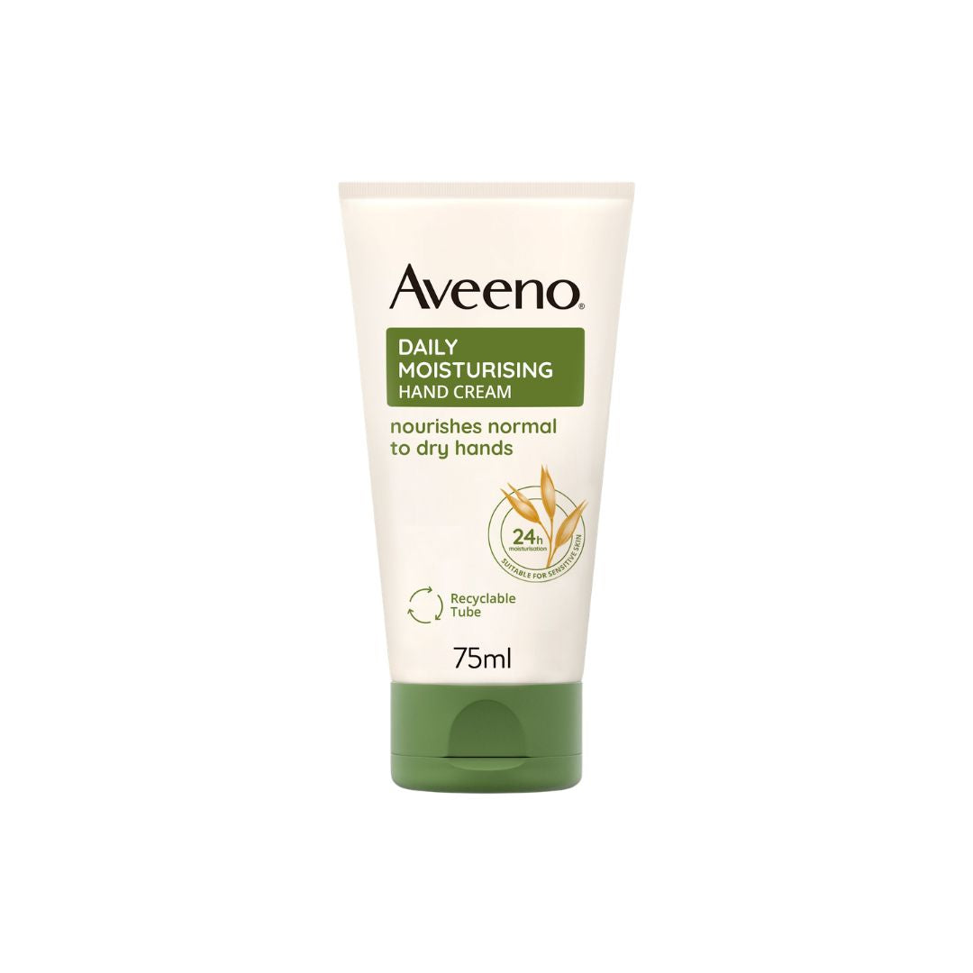 Aveeno Daily Moisturising Hand Cream in a 75ml squeeze tube, featuring a cream-colored body with a green cap and green label accents.