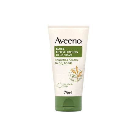 Aveeno Daily Moisturising Hand Cream in a 75ml squeeze tube, featuring a cream-colored body with a green cap and green label accents.