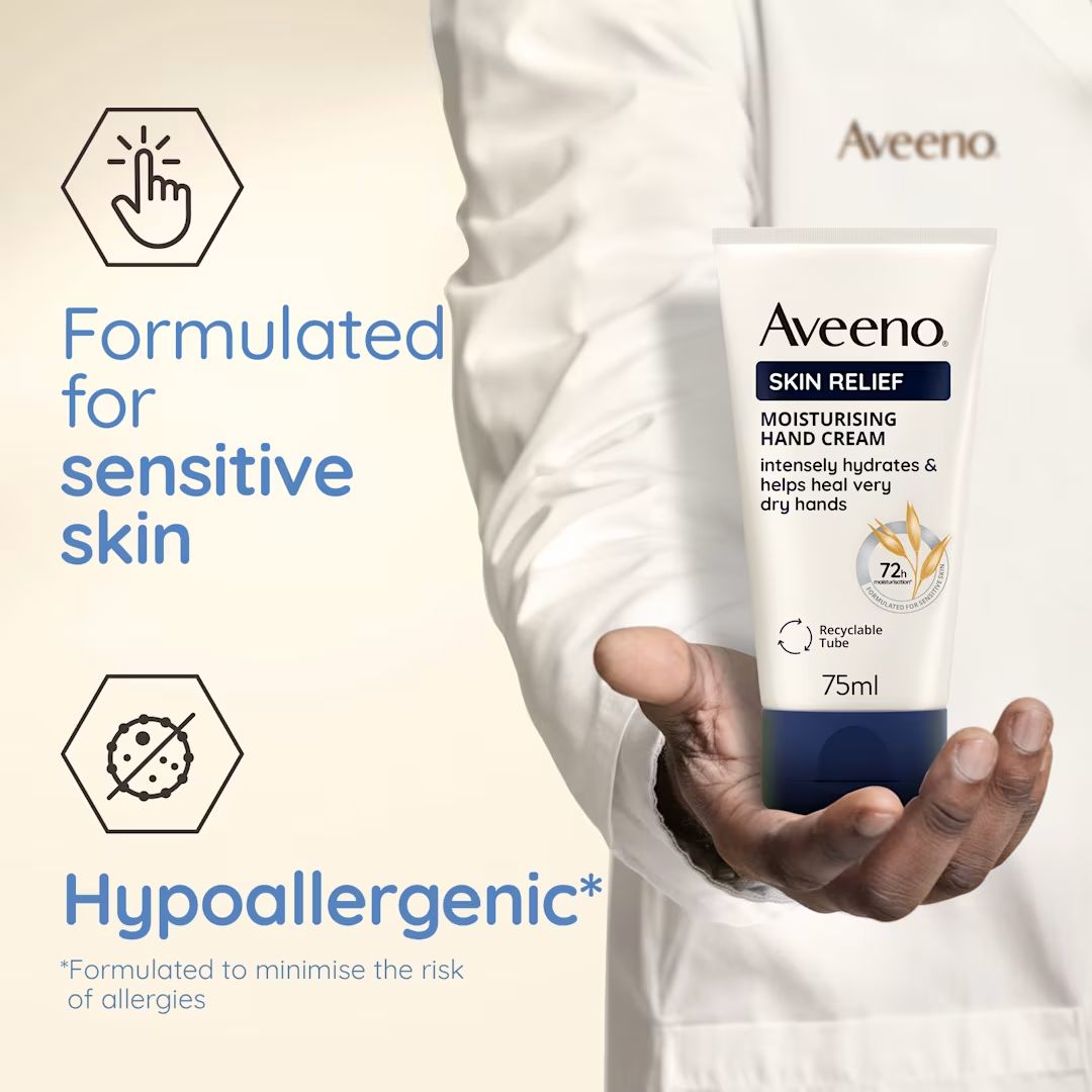 Aveeno Skin Relief Moisturising Hand Cream being held in a hand with product details displayed.