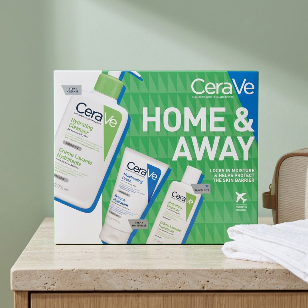 CeraVe Home & Away Gift Set on a marble countertop