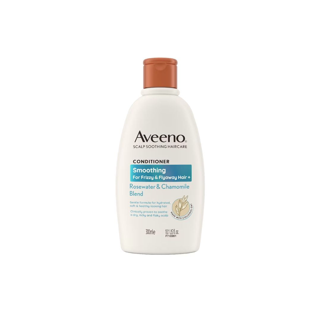 Aveeno Smoothing Conditioner bottle on a plain white background. The bottle is white with a brown cap and features a blue and white label.