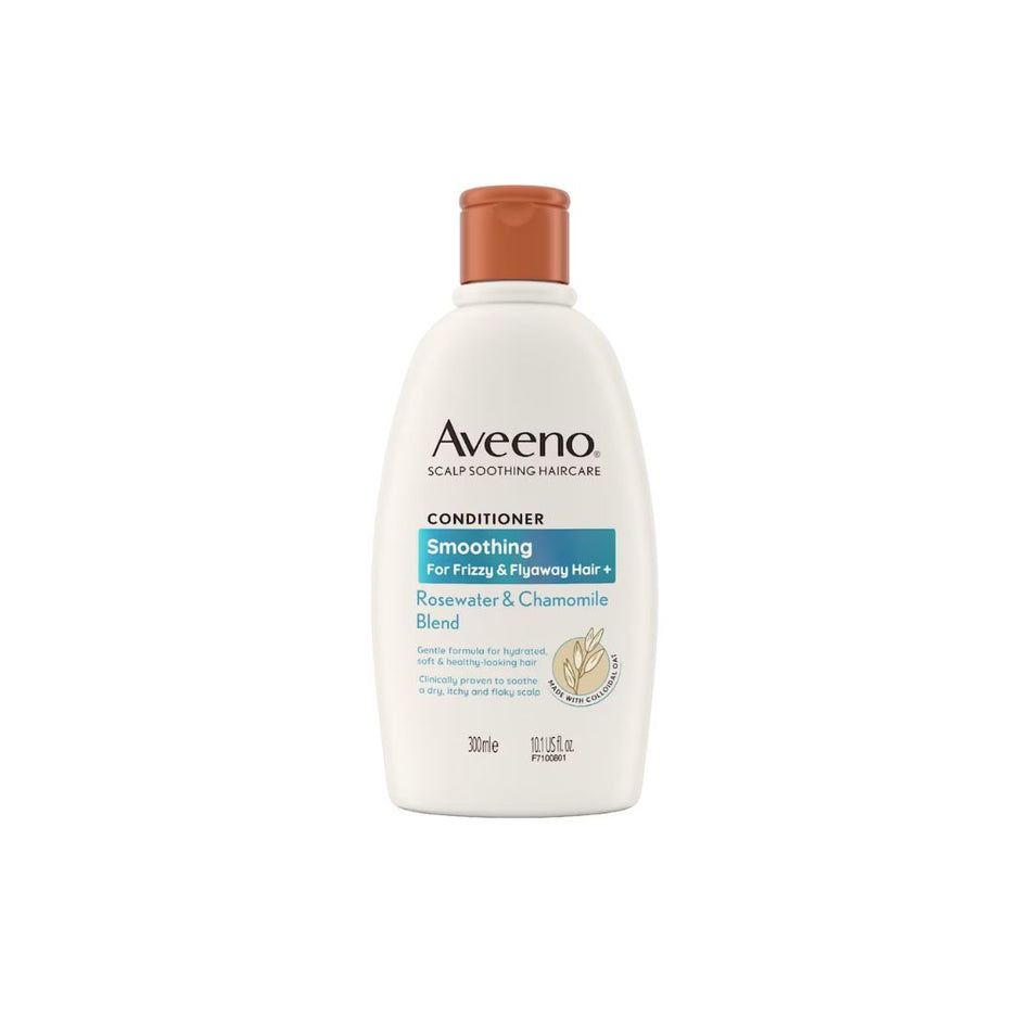 Aveeno Smoothing Conditioner bottle on a plain white background. The bottle is white with a brown cap and features a blue and white label.