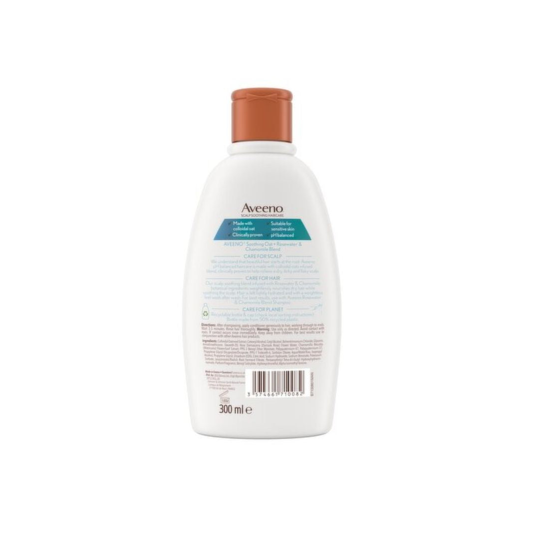 A 300 ml bottle of Aveeno Curative Care Cleansing Soap shown from the back, featuring a white bottle, a terracotta-colored cap, and a teal and brown label on a white background.