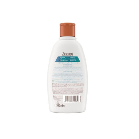 A 300 ml bottle of Aveeno Curative Care Cleansing Soap shown from the back, featuring a white bottle, a terracotta-colored cap, and a teal and brown label on a white background.