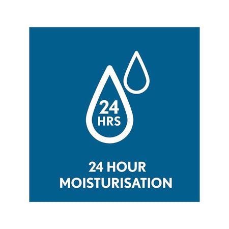 A blue square graphic with white icons and text reading '24 HRS' inside a water droplet and '24 HOUR MOISTURISATION' below, on a white background.