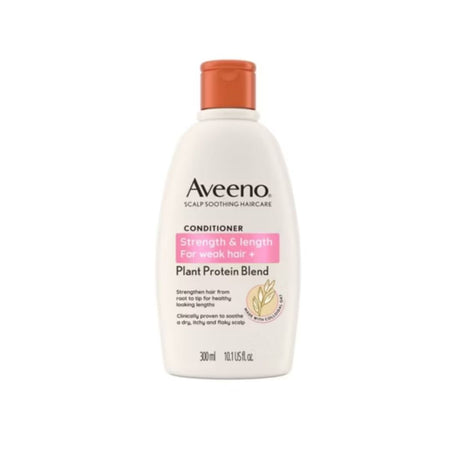 Aveeno Strength & Length Conditioner bottle with a white body, orange cap, and pink label accent, shown on a plain white background.Aveeno Haircare Strength and Length+ Plant Protein Blend conditioner 300ml
