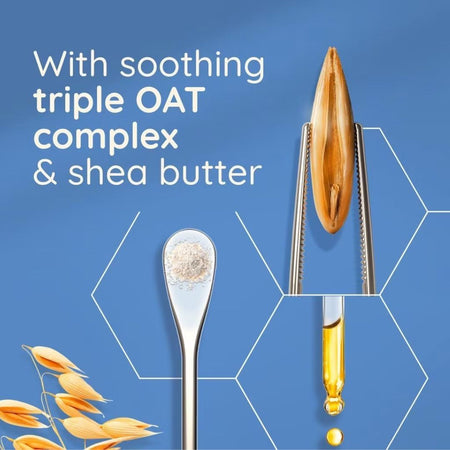 Product advertisement with oats, shea butter, and a spoon on a blue background