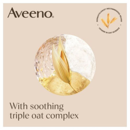Aveeno skincare graphic featuring a clear textured sphere filled with white and golden yellow tones, with a dried oat leaf inside. The beige background includes the Aveeno brand name at top left, a circular award seal at top right, and the text 'With soothing triple oat complex' at bottom left.