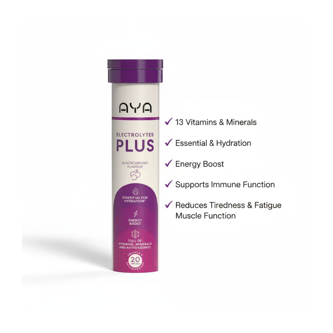 Aya Electrolytes plus Blackcurrant triple  benefits graphic