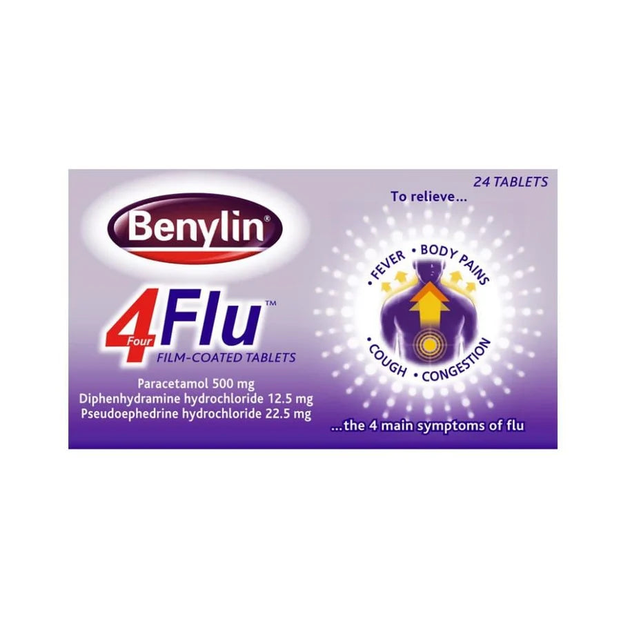 Benylin 4 Flu medication packaging on a white background