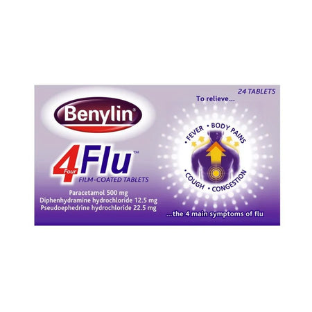 Benylin 4 Flu medication packaging on a white background