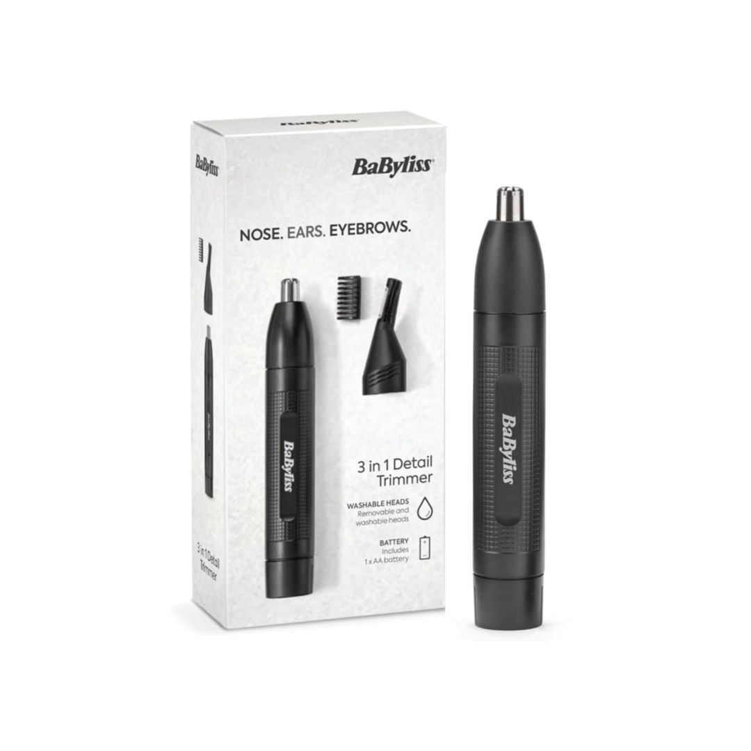 A BaByliss 3-in-1 detail trimmer for nose, ears, and eyebrows shown next to its white retail box on a clean white background.