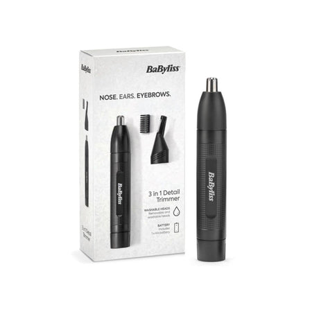 A BaByliss 3-in-1 detail trimmer for nose, ears, and eyebrows shown next to its white retail box on a clean white background.