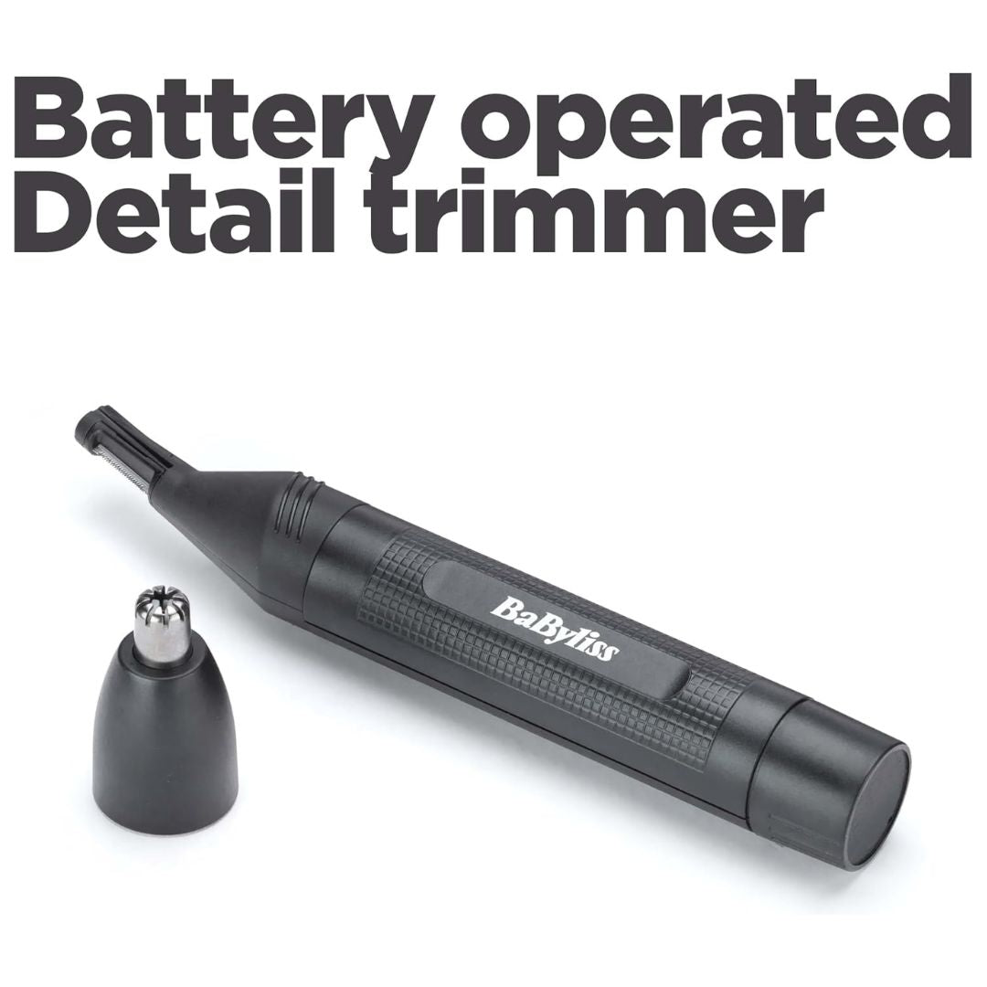 Black battery-operated detail trimmer with a small accessory nozzle, shown on a white background with the text 'Battery operated Detail trimmer' at the top. The brand name 'BaByliss' is visible on the handle.
