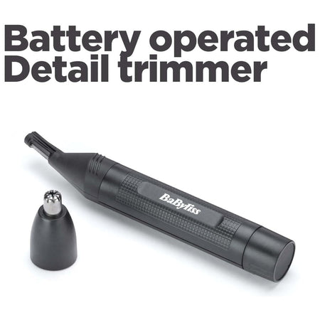 Black battery-operated detail trimmer with a small accessory nozzle, shown on a white background with the text 'Battery operated Detail trimmer' at the top. The brand name 'BaByliss' is visible on the handle.