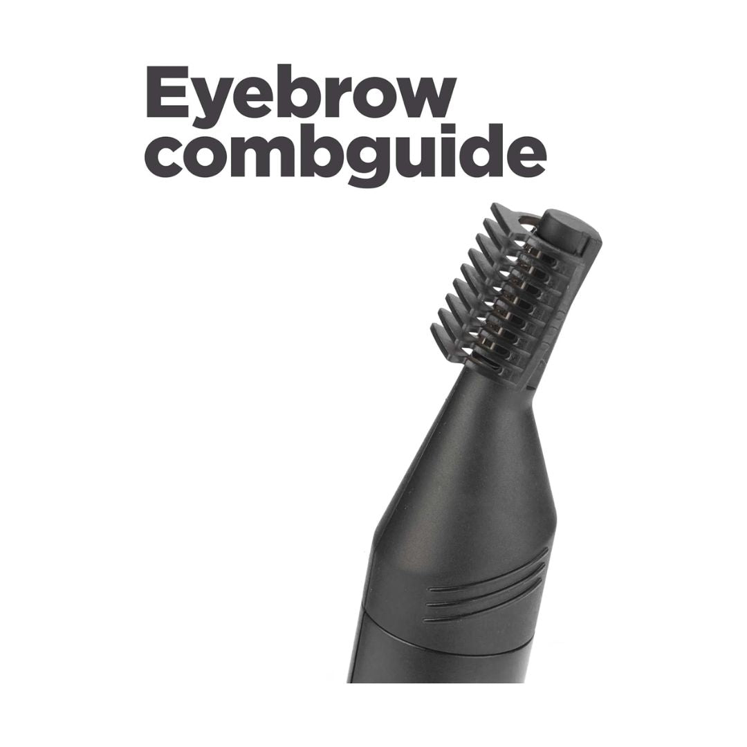 Black eyebrow combguide attachment with short comb-like teeth, shown on a white background with the text 'Eyebrow combguide' above it.