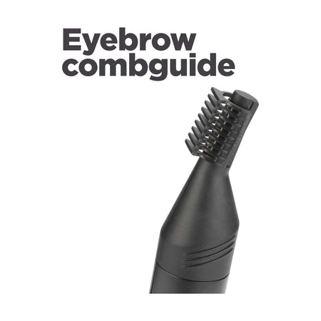 Black eyebrow combguide attachment with short comb-like teeth, shown on a white background with the text 'Eyebrow combguide' above it.