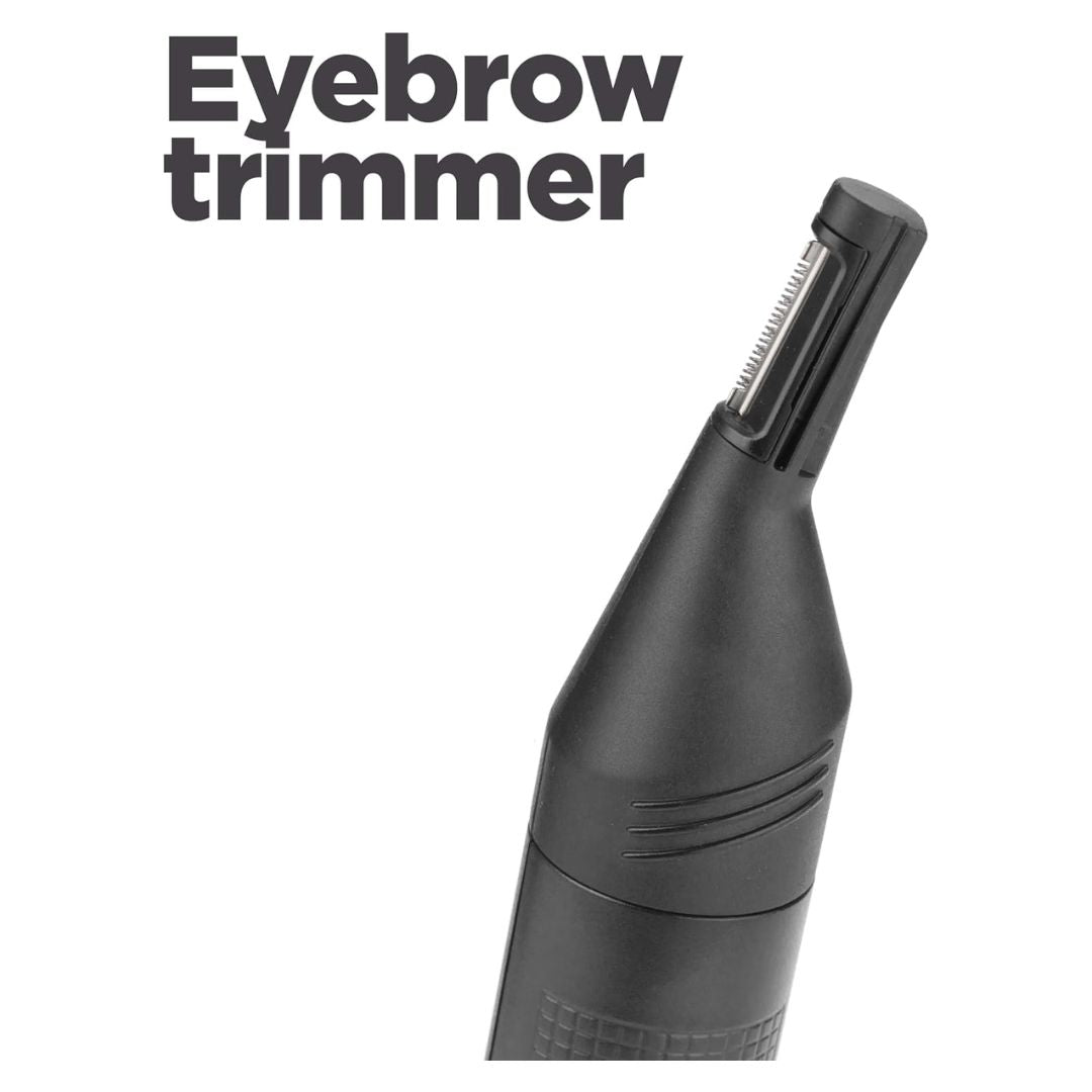 A black handheld eyebrow trimmer shown on a white background with the text 'Eyebrow trimmer' in the upper left.