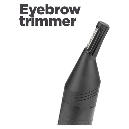 A black handheld eyebrow trimmer shown on a white background with the text 'Eyebrow trimmer' in the upper left.