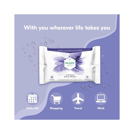 A package of Balance Active Intimate Ditty Wipes centered on a lavender and purple graphic background with the text 'With you wherever life takes you' and icons for Daily Life, Shopping, Travel, and Work.