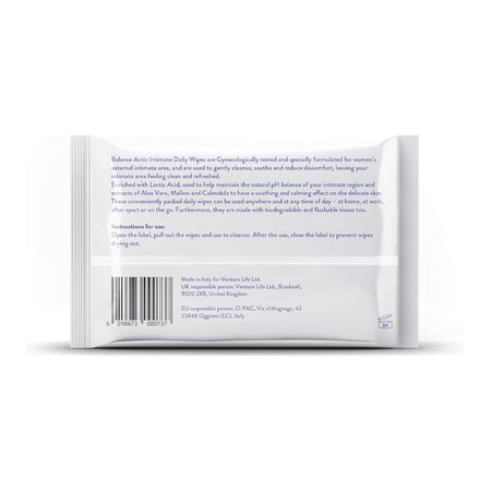 The back of a white packet of Balance Arctic Intimate Daily Wipes, showing the product instructions, barcode, and manufacturer details on a white background with a soft shadow.