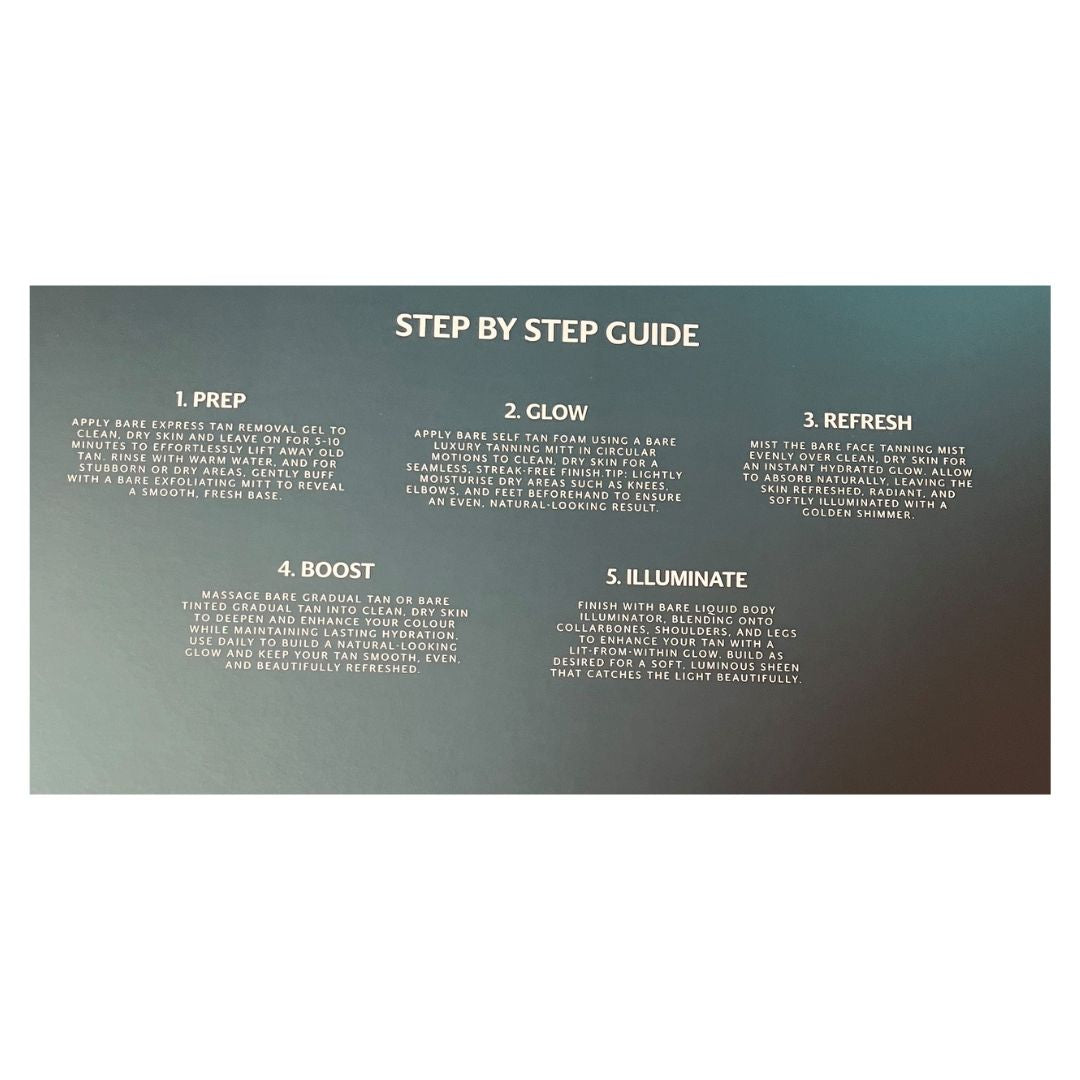 Bare by Vogue Ultimate Glow Ritual Gift Set step by step guide on a white background