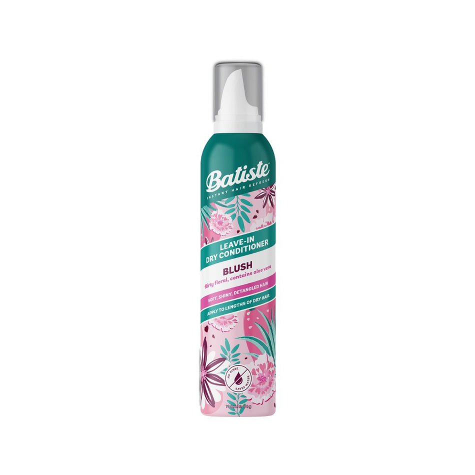 A can of Batiste Leave-In Dry Conditioners in the 'Blush' scent, featuring a teal upper section and a pink floral lower section with a white spray nozzle cap, set against a plain white background.