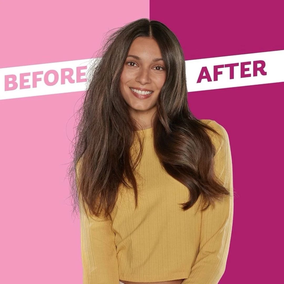 Before and after comparison of a woman with long hair on a pink background