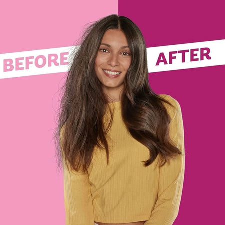 Before and after comparison of a woman with long hair on a pink background