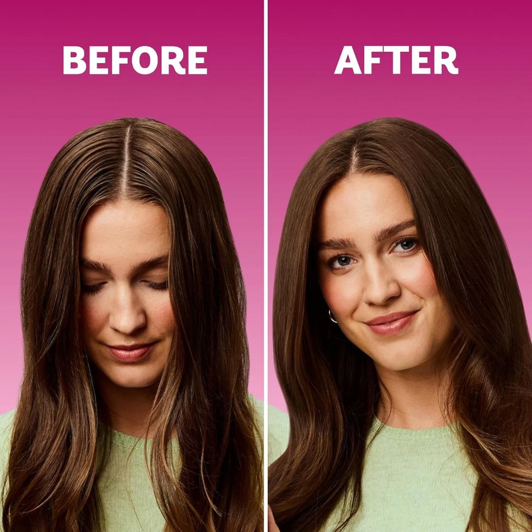 Before and after comparison of a woman with long hair on a pink background