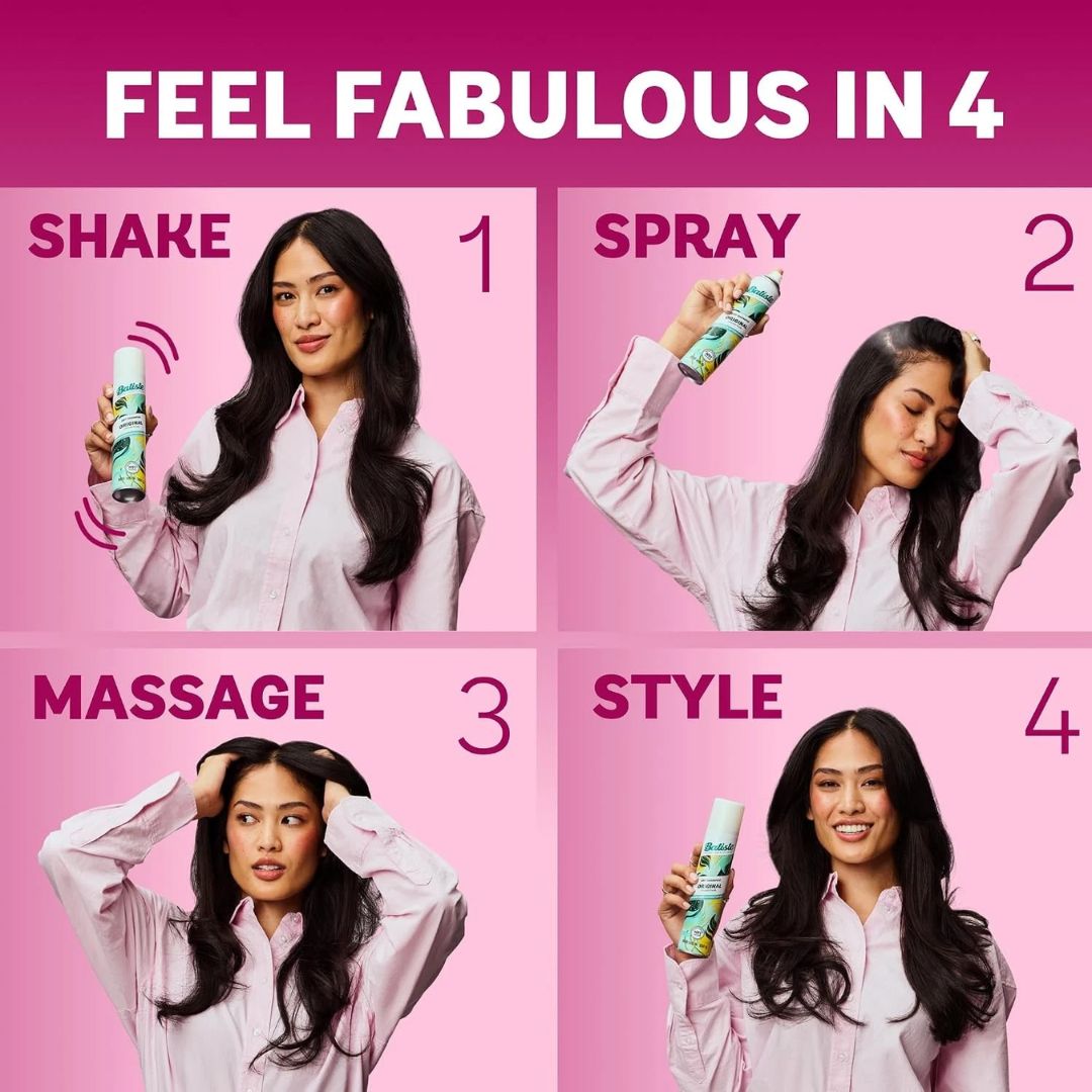 Product usage guide with four steps on a pink background