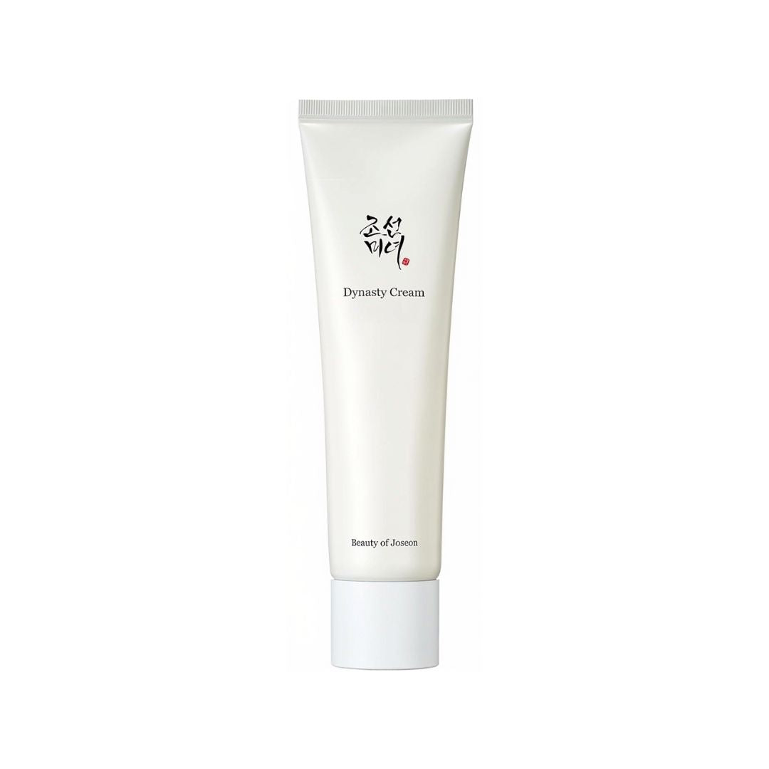 A white squeeze tube of Beauty of Joseon Dynasty Cream with black text and Korean calligraphy, centered on a plain white background.