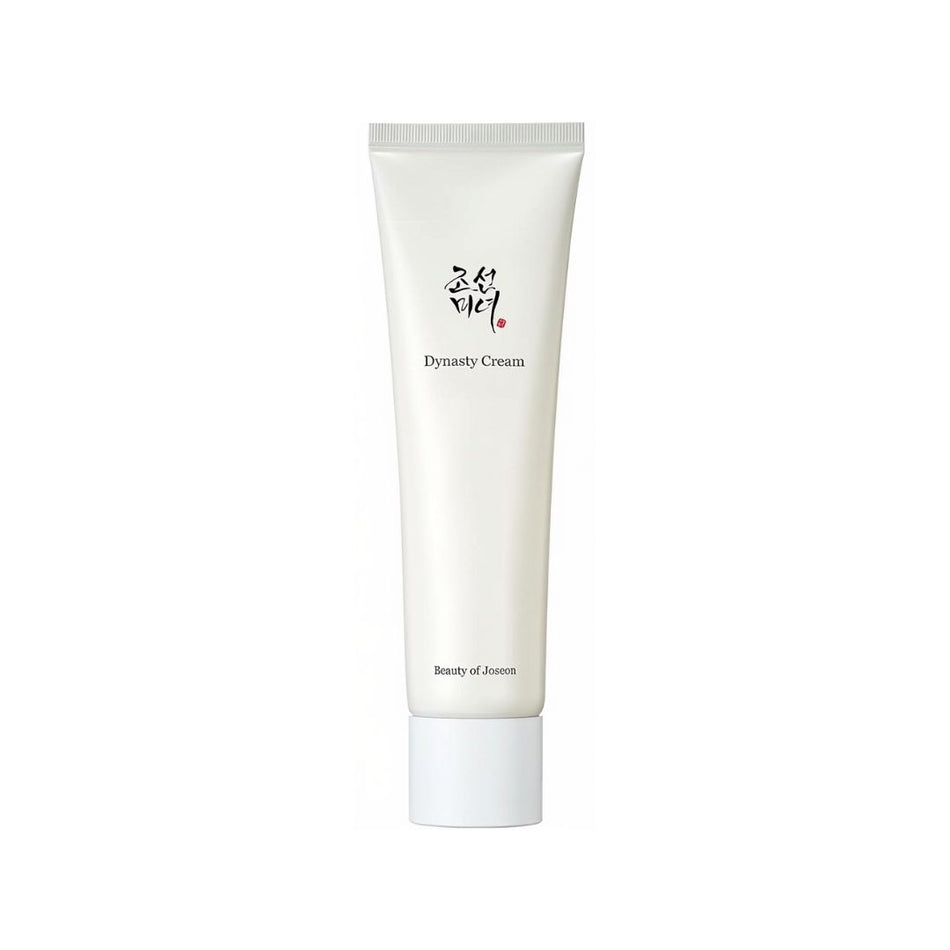 A white squeeze tube of Beauty of Joseon Dynasty Cream with black text and Korean calligraphy, centered on a plain white background.