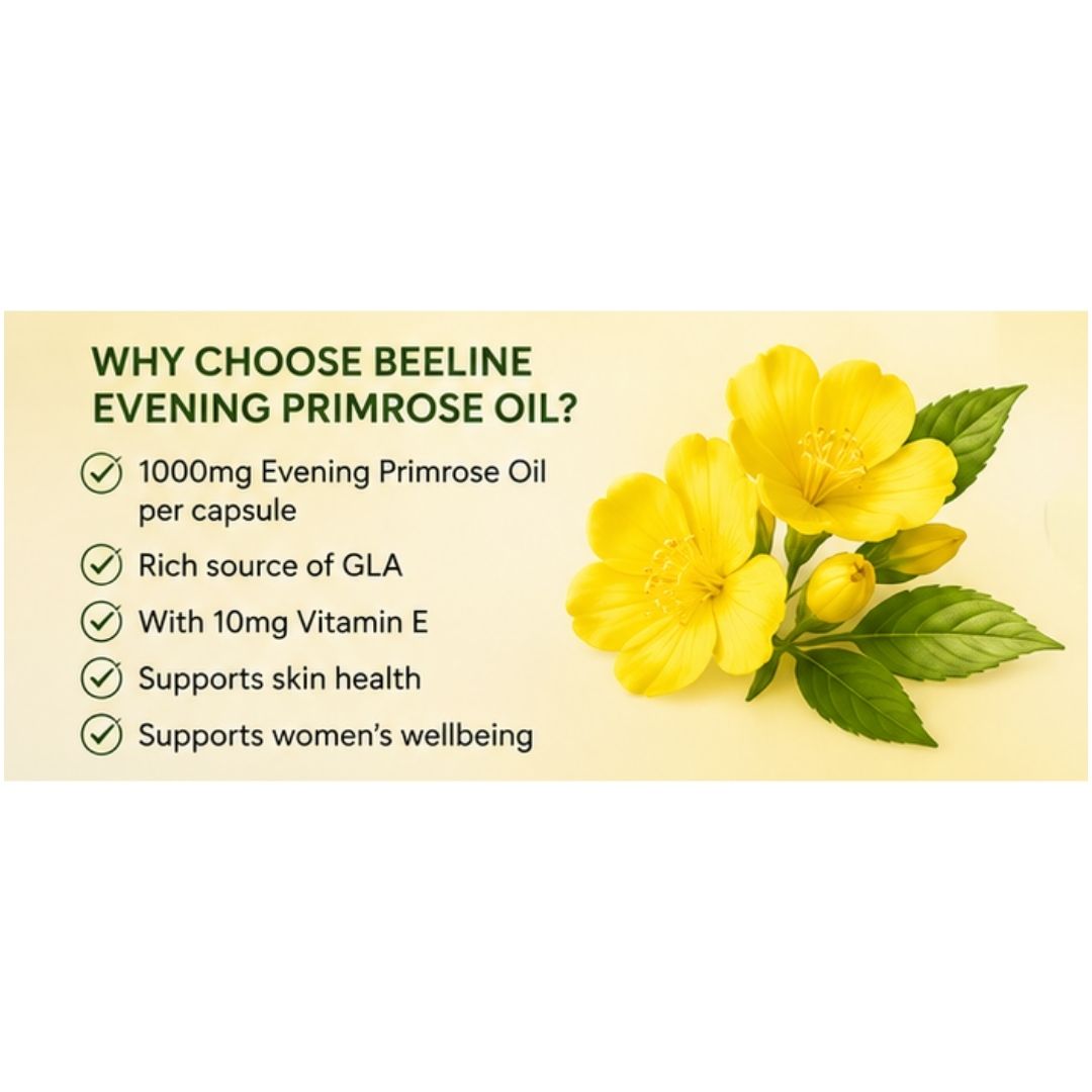 Beeline Evening Primrose Oil 'WHY CHOOSE BEELINE....' graphic on a light green background