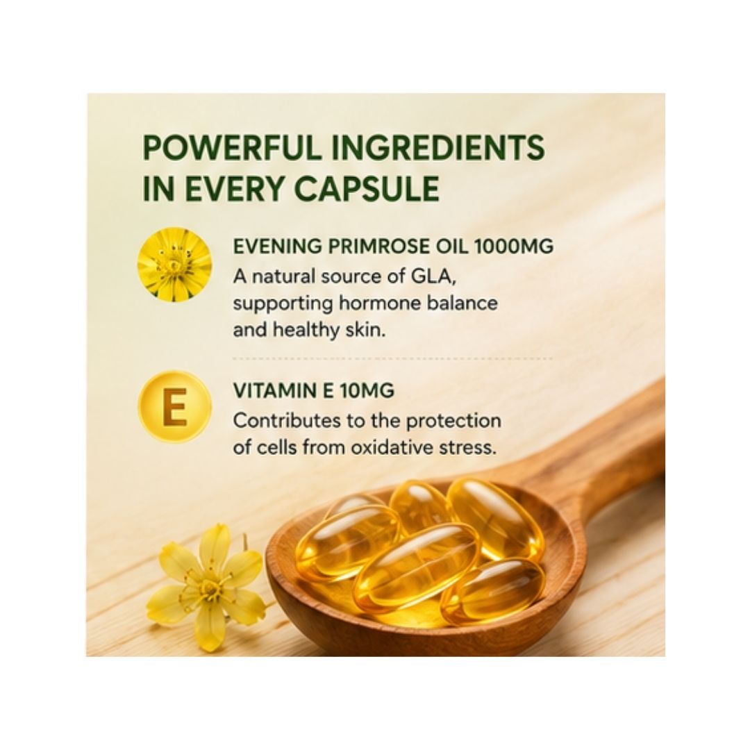 Beeline Evening Primrose Oil capsule information graphic on a wooden background