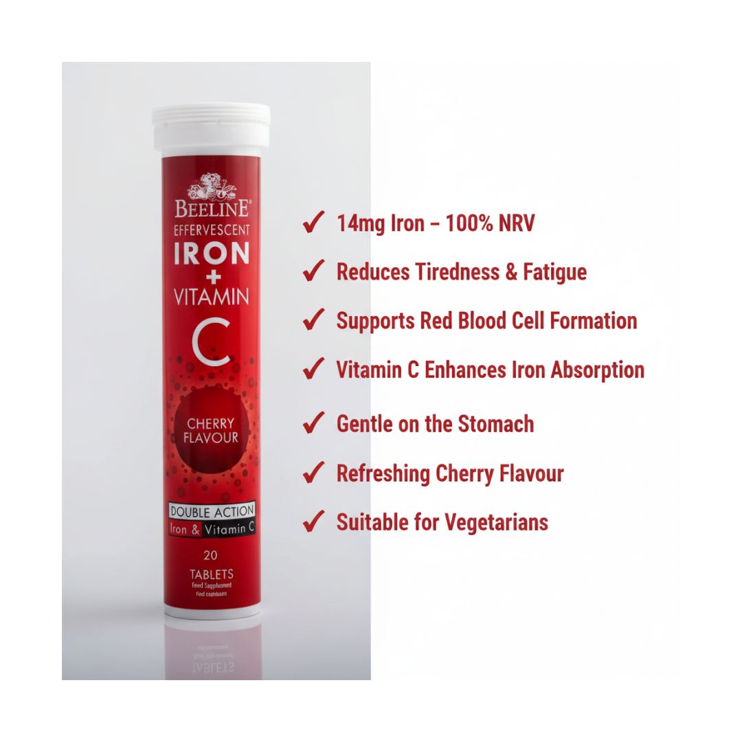 Beeline Iron + Vitamin C Cherry Effervescent Tablets graphic of benefits