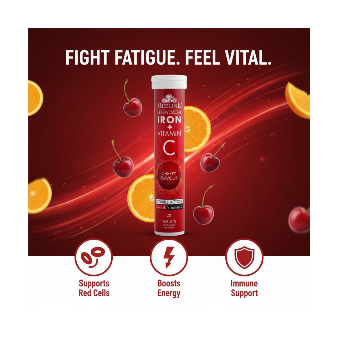 Beeline Iron + Vitamin C Cherry Effervescent Tablets container graphic with product details