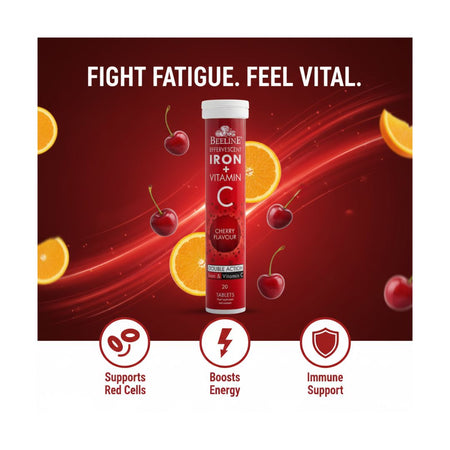 Beeline Iron + Vitamin C Cherry Effervescent Tablets container graphic with product details
