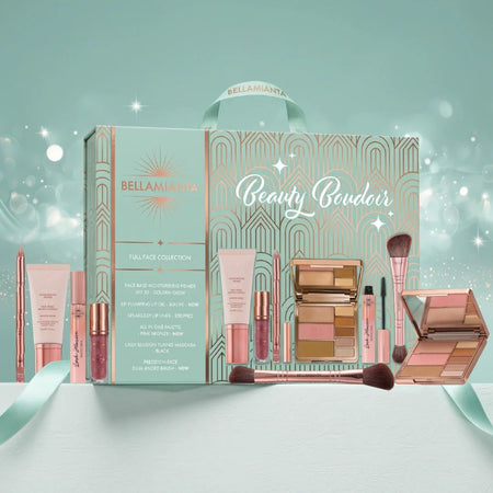 Bellamianta Beauty Boudoir Full Face Collection Gift Set packaging and contents on a light green background