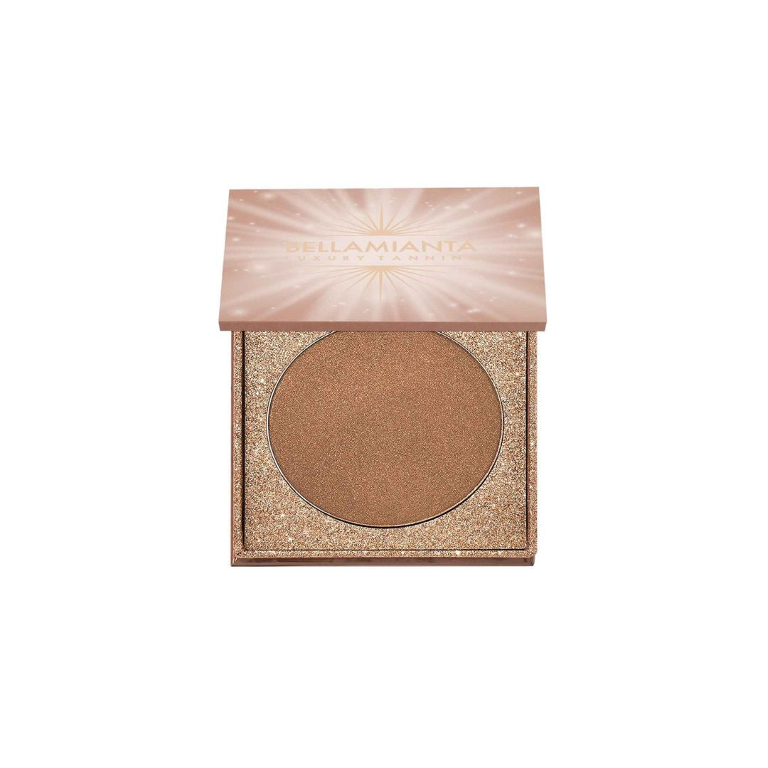 Bellamianta Cosmetics Shimmer Pan in a square compact with a glittery rose gold lid and a warm bronze shimmer powder, shown open on a white background.