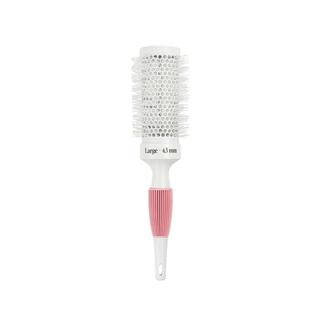 A large round hairbrush with white bristles, a white plastic body, and a pink textured grip handle, shown on a plain white background.