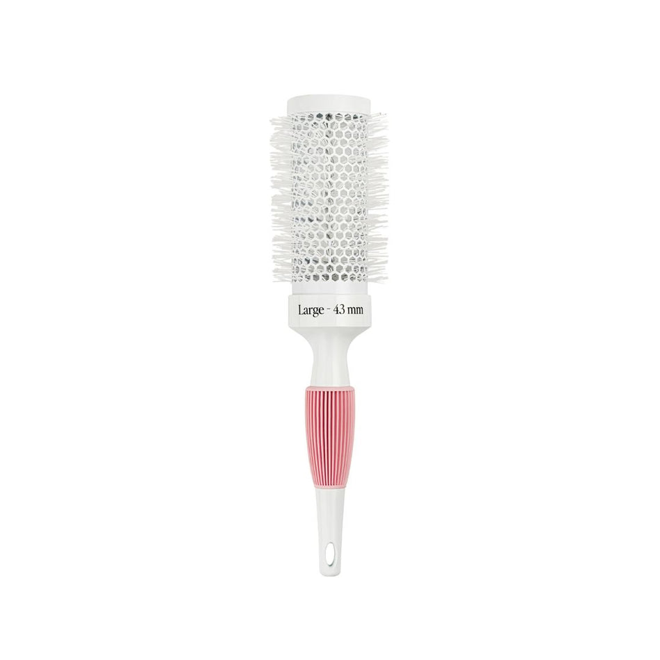 A large round hairbrush with white bristles, a white plastic body, and a pink textured grip handle, shown on a plain white background.