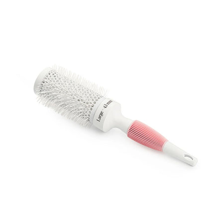 Round hairbrush with white bristle head and pink handle on a white background