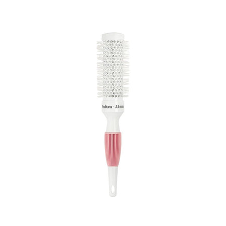 A medium-sized round hairbrush with white bristles, a white plastic handle, and a textured pink grip section, shown against a plain white background.