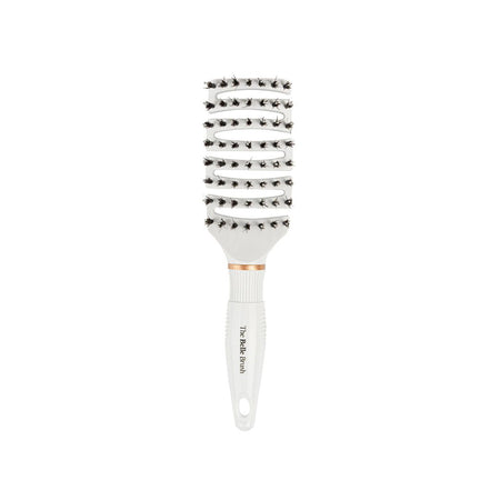 A white round hairbrush with black bristles and a rose gold accent ring near the base of the handle, shown on a solid white background.