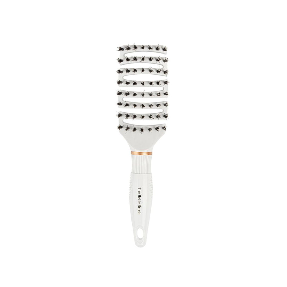 A white round hairbrush with black bristles and a rose gold accent ring near the base of the handle, shown on a solid white background.