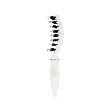 A white curved hairbrush with black bristles and a metallic rose gold accent ring near the neck, shown against a plain white background.