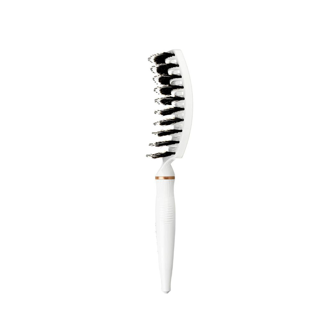 A white hairbrush with black bristles and a thin rose gold accent ring near the base, shown against a solid white background.