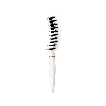 A white hairbrush with black bristles and a thin rose gold accent ring near the base, shown against a solid white background.