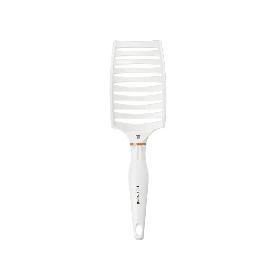 A white hairbrush with a rectangular slotted head and a white handle, featuring a small rose gold accent band and the 'The Belle Brush' brand name printed vertically on the handle.